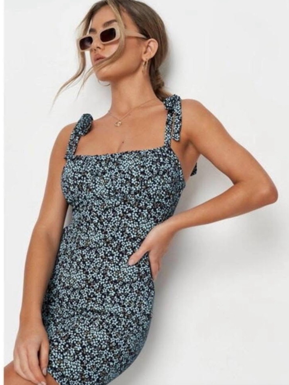 Missguided Black Mini Dress with Blue Floral Print Gathered Bust and Tie Straps